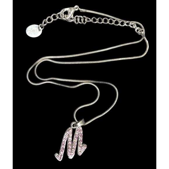 Pink Rhinestone M Monogram Silver Tone Pendant Necklace - Picture 1 of 8